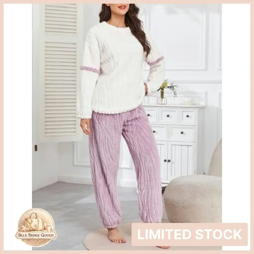 Cozy Winter Fleece Pajama Set Long Sleeve Sherpa Sleepwear Lounge Wear
